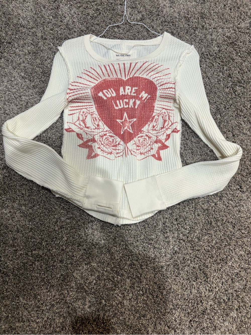 We The Free Womens Cream Thermal Top with Red Heart Graphic